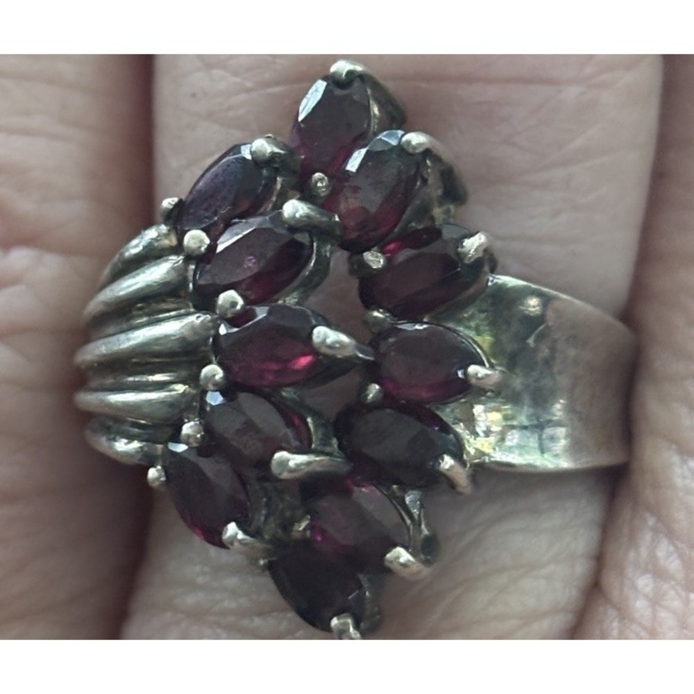 Sterling Silver Waterfall Ring w Marquise Garnets Size 8 Cluster Cocktail Style